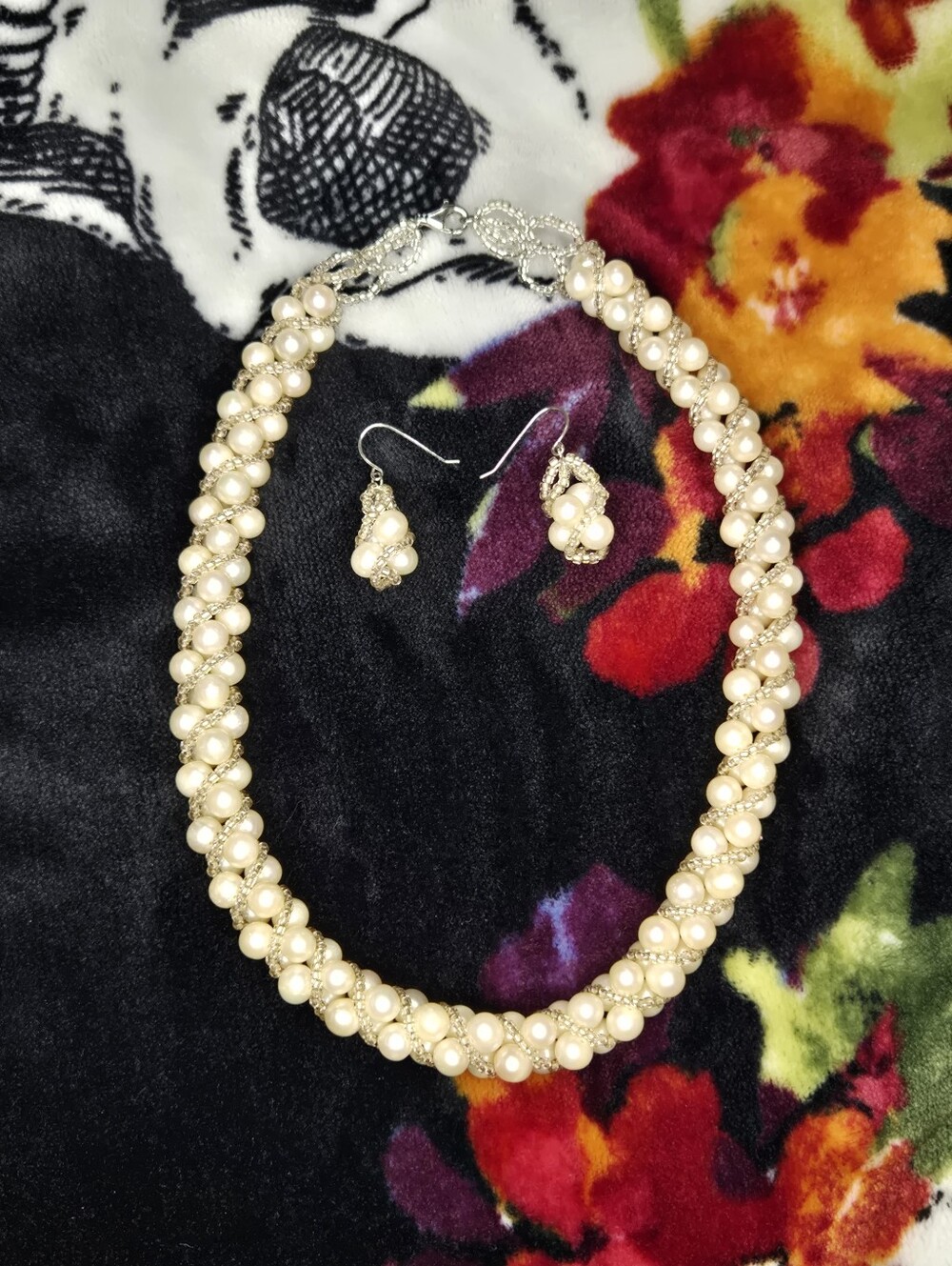 Natural Pearl Twisted Woven Beaded Necklace & Earrings Set/ 925 Sterling Silver